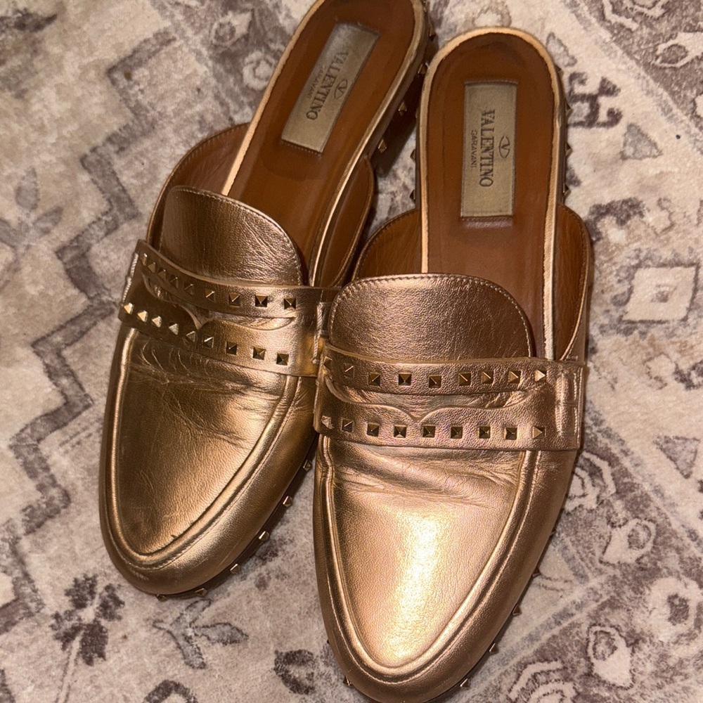 Valentino Metallic Gold Studded Loafers